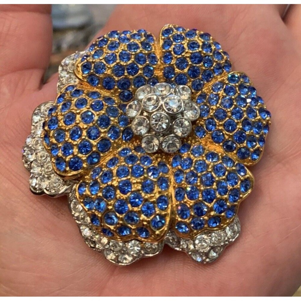 JBK Jacqueline Kennedy Flower Brooch Pin Blue Clear Crystals Signed Large